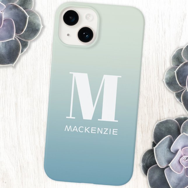 Monogram Name Simple Gradient Personalized Case-Mate iPhone Case (Simple monogram name teal blue green gradient personalized cell phone case)