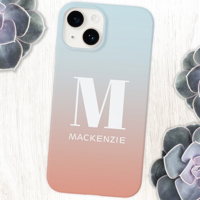 Monogram Name Simple Gradient Personalized Iphone Case (Orange pink to pale blue gradient monogram initial name personalized cell phone cover)