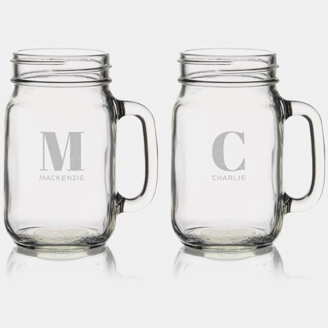 Monogram Name Simple Mason Jar W/ Handle (Monogram initial name personalized typography etched mason jar with handle)
