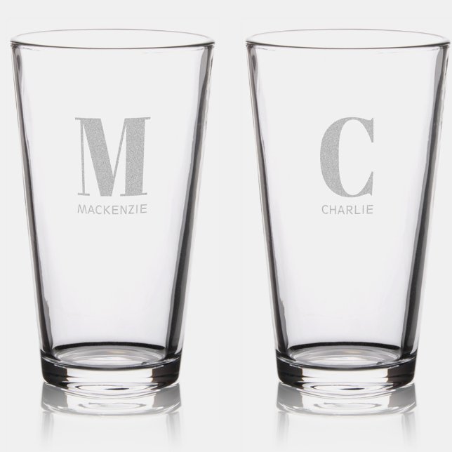 Monogram Name Simple Pint Glass (Monogram initial name personalized typography etched beer pint glass)