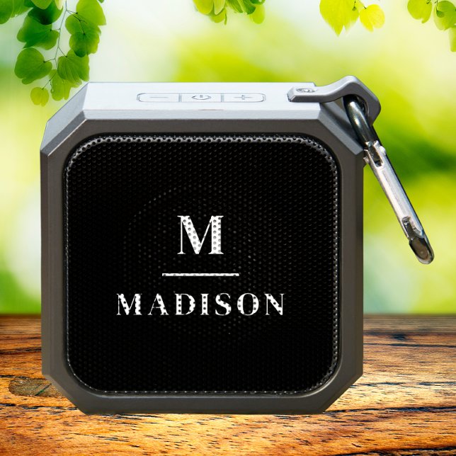 Monogram Name Simple Stylish Black White Bluetooth Speaker (Creator Uploaded)