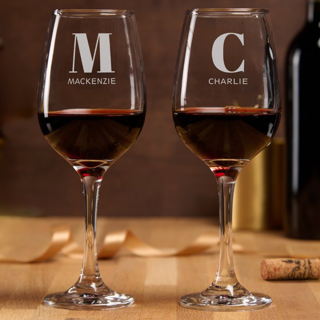 Monogram Name Simple Wine Glass (Monogram initial name personalized typography etched wine glass)