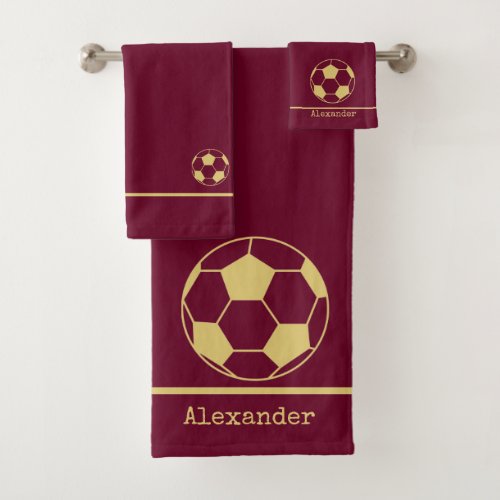 Monogram name Soccer Football Gold Burgundy  Bath Towel Set