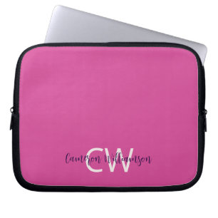 Monogram Name Sophisticated Solid Vibrant Pink Laptop Sleeve