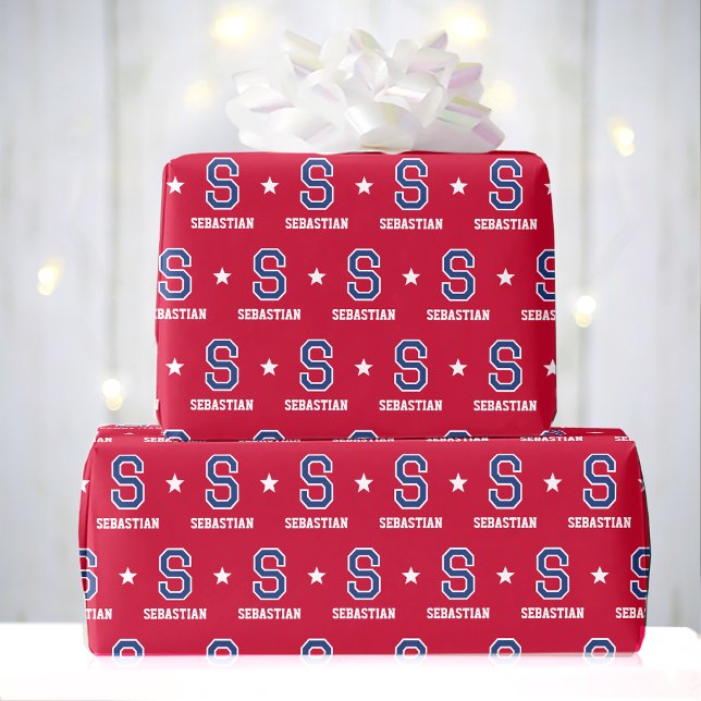Monogram Name Star Crimson Navy Custom Wrapping Paper (Creator Uploaded)