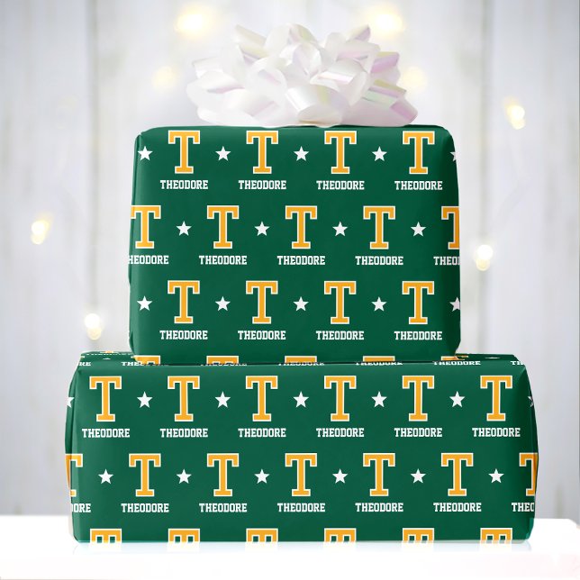 Monogram Name Star Green Yellow Custom Wrapping Paper (Creator Uploaded)