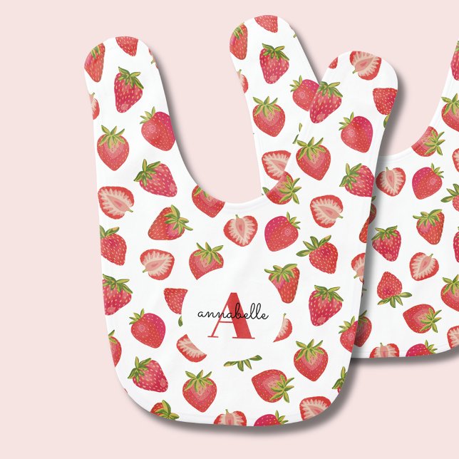 Monogram Name Strawberry Pattern Baby Bib (Strawberry baby bib with monogram and first name. Matching baby range available. )
