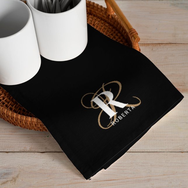 Monogram Name Stylish Black Gold Script  Kitchen Towel (Creator Uploaded)