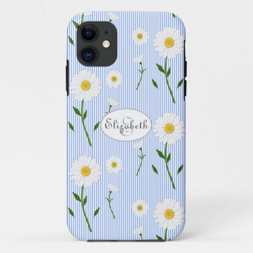 Monogram Name Summer Daisies Pattern Blue Stripe iPhone 11 Case