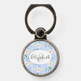 Monogram Name Summer Daisies Pattern Blue Stripe   Phone Ring Stand