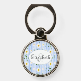 Monogram Name Summer Daisies Pattern Blue Stripe   Phone Ring Stand