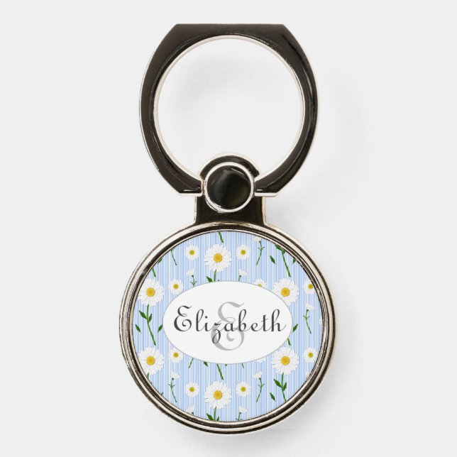 Monogram Name Summer Daisies Pattern Blue Stripe   Phone Ring Stand (Front)