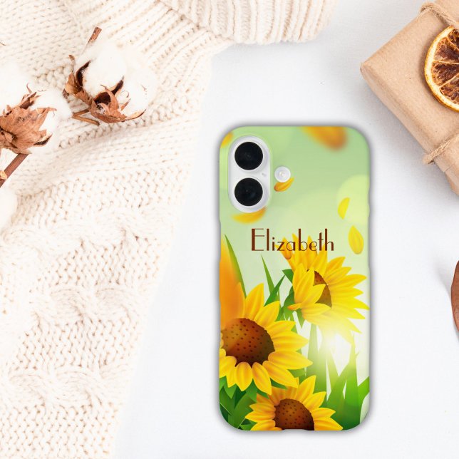Monogram Name Sunflowers Yellow Green Floral Case-Mate iPhone Case (Monogrammed Name Initials Sunflowers iPhone 16 15 14 13 12 11 case for her. )