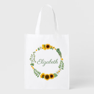 Monogram Name Sunflowers Yellow Green Floral Grocery Bag