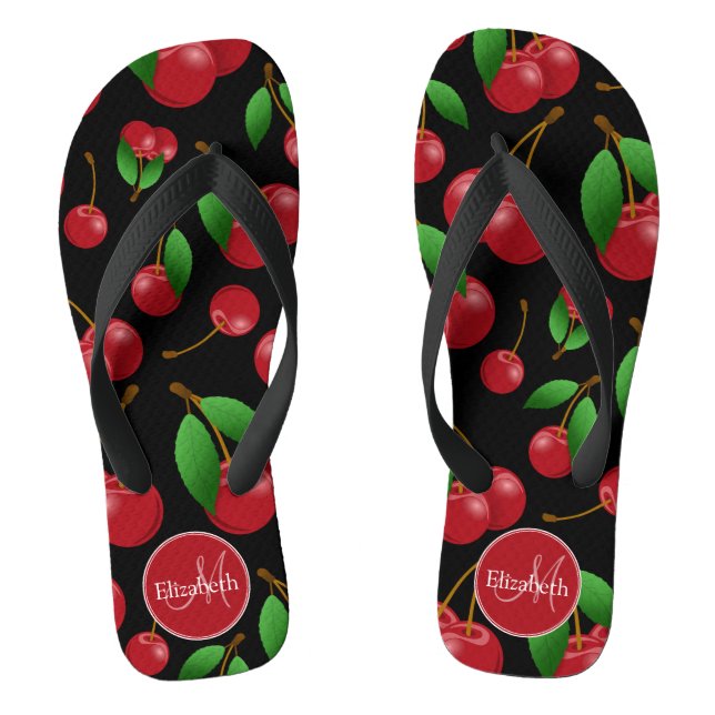 monogram name sweet red cherries pattern on black flip flops (Footbed)