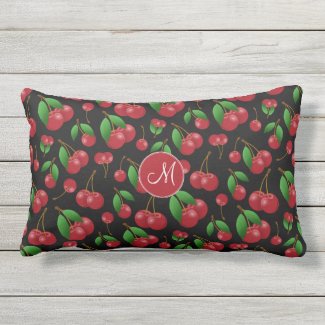 monogrammed sweet summertime cherries patterned outdoor fabric pillow