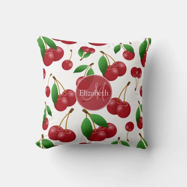 monogram name sweet summertime cherries patterned throw pillow (Front)