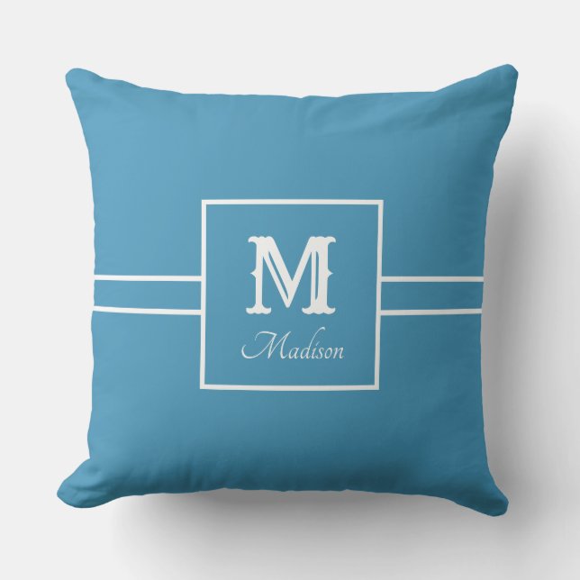 Monogram Name Teal and White Throw Pillow (Front)