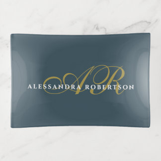 Monogram Name Teal Gold White Minimalist Stylish Trinket Tray