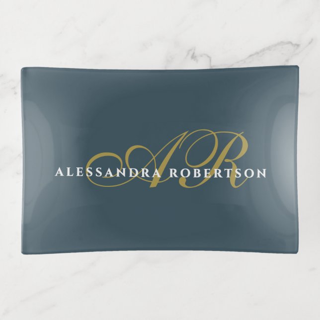 Monogram Name Teal Gold White Minimalist Stylish  Trinket Tray (Front)