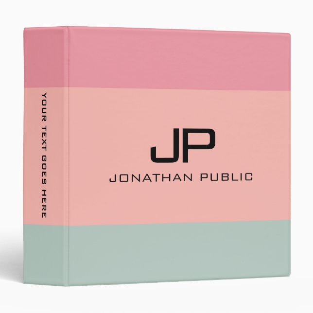 Monogram Name Template Pink Peach Teal Stripes 3 Ring Binder (Front/Spine)