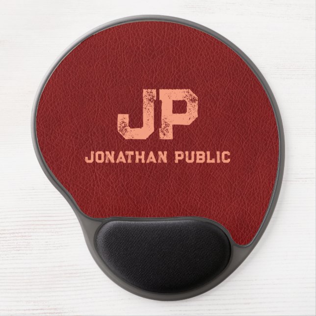 Monogram Name Template Red Brown Leather Look Gel Mouse Pad (Front)