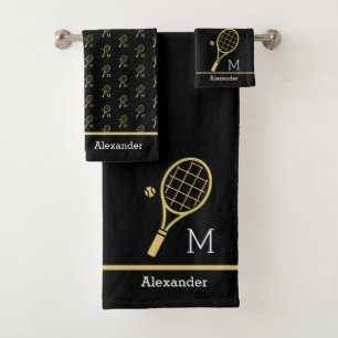 Monogram Name Tennis Racket Ball Gold Black  Bath Towel Set