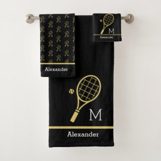 Monogram Name Tennis Racket Ball Gold Black Bath Towel Set
