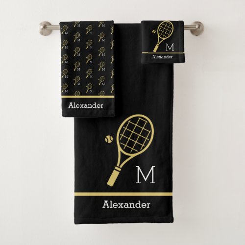 Monogram Name Tennis Racket Ball Gold Black  Bath Towel Set