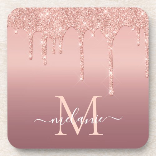 Monogram Name Text Rose Gold Blush Glitter Beverage Coaster