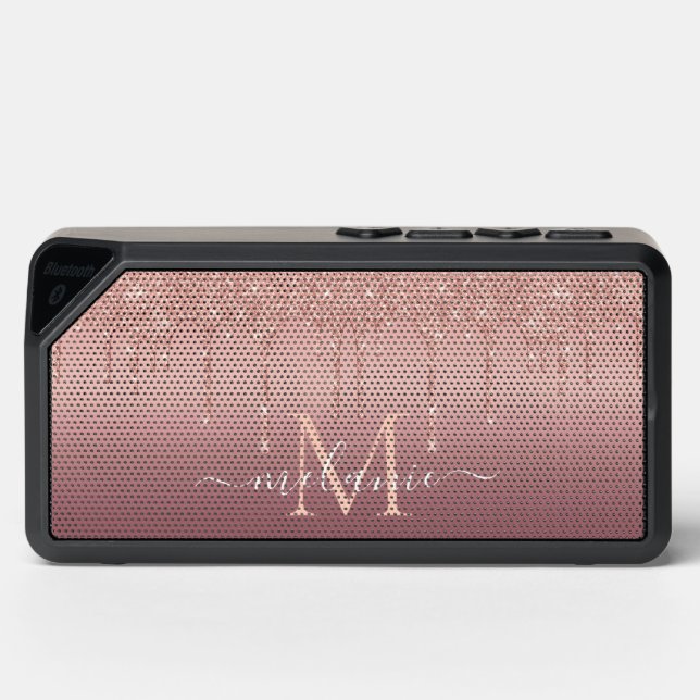 Monogram Name Text Rose Gold Blush Glitter Bluetooth Speaker (Front)