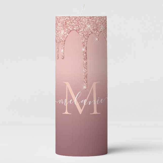 Monogram Name Text Rose Gold Blush Glitter Candle (Front)