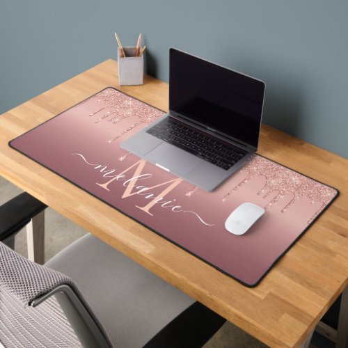 Monogram Name Text Rose Gold Blush Glitter Desk Mat