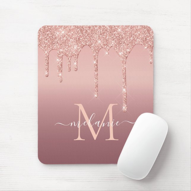 Monogram Name Text Rose Gold Blush Glitter Drips Mouse Pad (With Mouse)