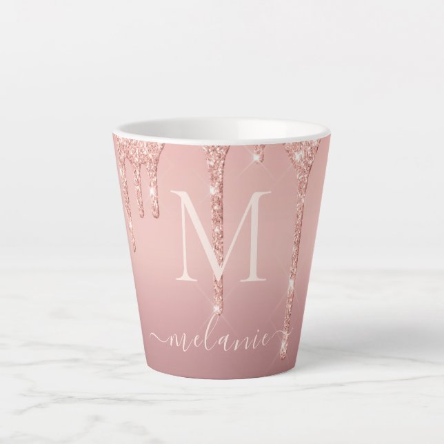 Monogram Name Text Rose Gold Blush Glitter Latte Mug (Front)