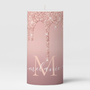 Monogram Name Text Rose Gold Blush Glitter Pillar Candle