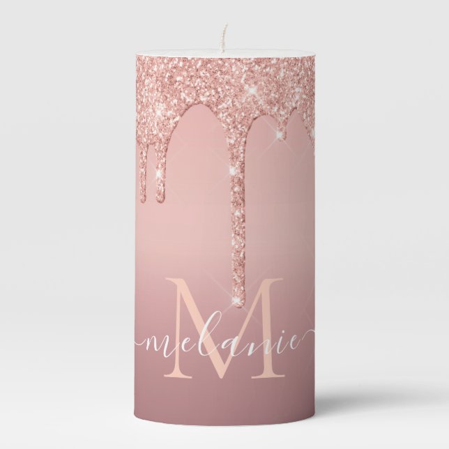 Monogram Name Text Rose Gold Blush Glitter Pillar Candle (Front)