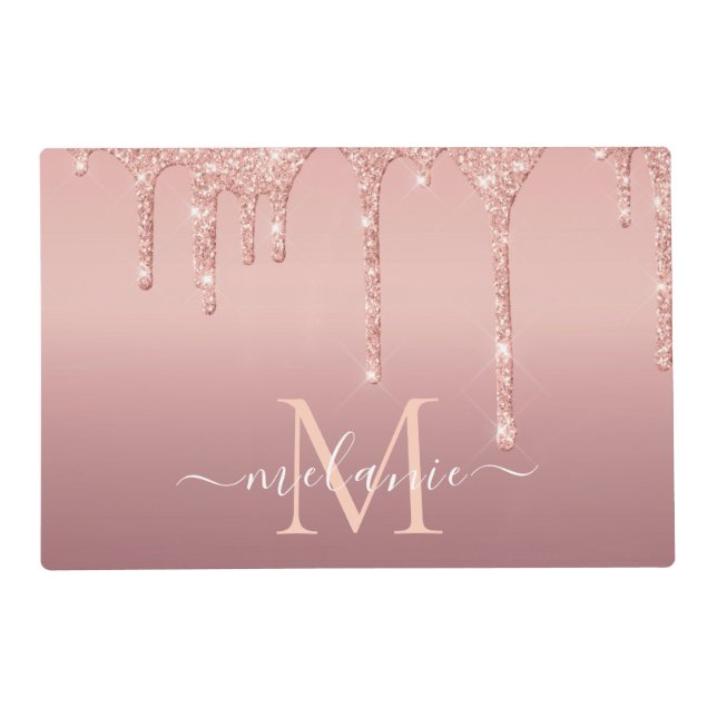 Monogram Name Text Rose Gold Blush Glitter Placemat (Front)