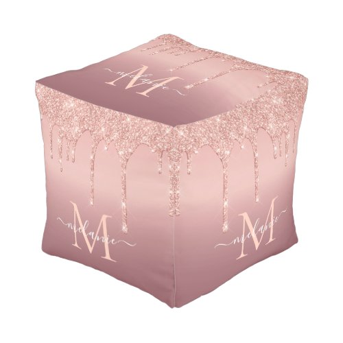 Monogram Name Text Rose Gold Blush Glitter Pouf