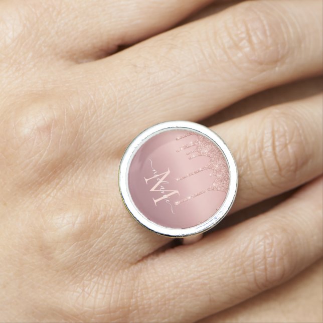 Monogram Name Text Rose Gold Blush Glitter Ring (In Situ)