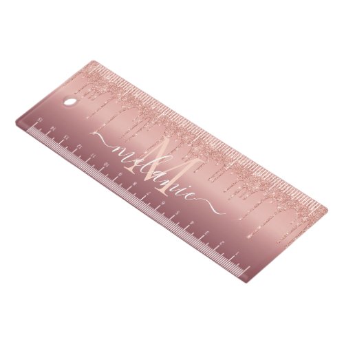 Monogram Name Text Rose Gold Blush Glitter Ruler