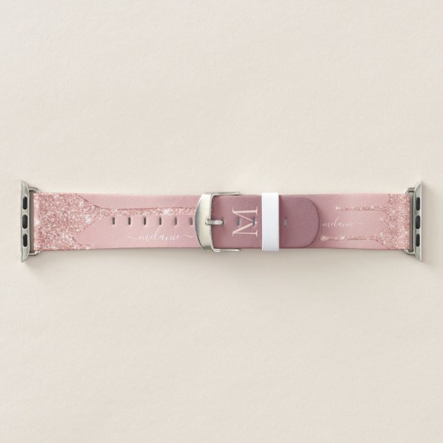Monogram Name Text Rose Gold Blush Glitter Sparkle Apple Watch Band (Band)