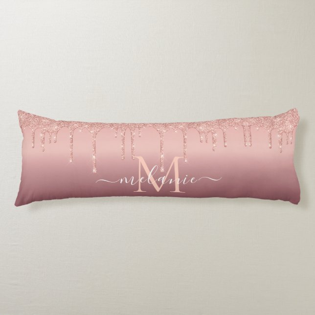 Monogram Name Text Rose Gold Blush Glitter Sparkle Body Pillow (Front)