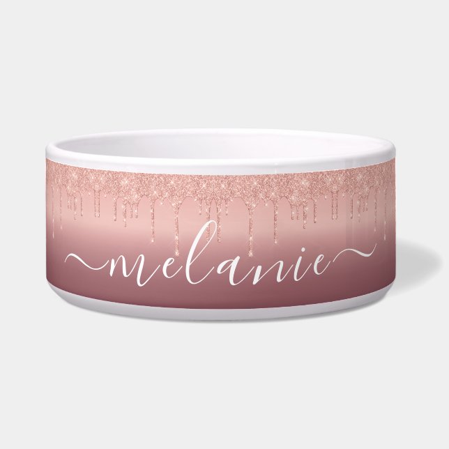 Monogram Name Text Rose Gold Blush Glitter Sparkle Bowl (Front)