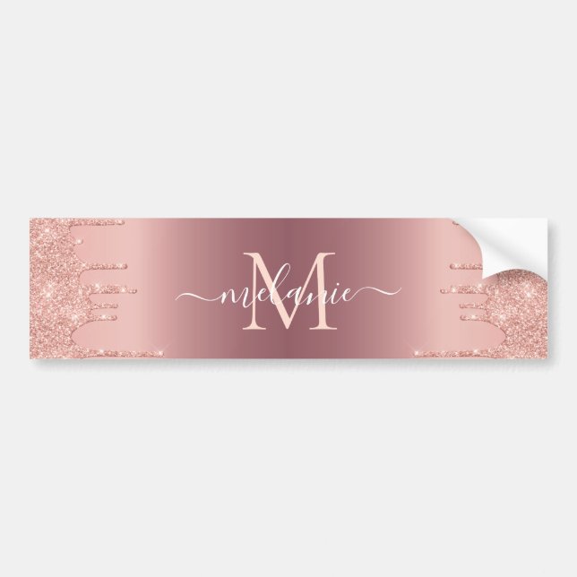 Monogram Name Text Rose Gold Blush Glitter Sparkle Bumper Sticker (Front)