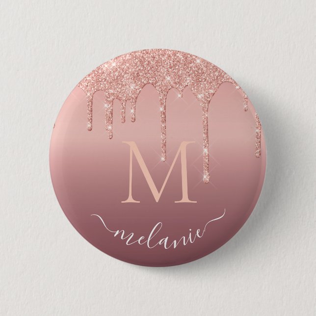 Monogram Name Text Rose Gold Blush Glitter Sparkle Button (Front)