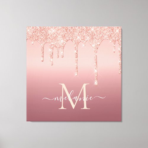 Monogram Name Text Rose Gold Blush Glitter Sparkle Canvas Print