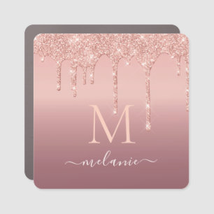 Monogram Name Text Rose Gold Blush Glitter Sparkle Car Magnet
