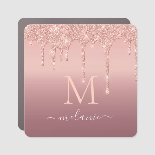Monogram Name Text Rose Gold Blush Glitter Sparkle Car Magnet (Front)