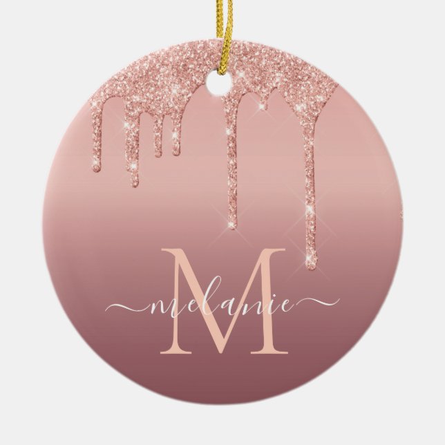 Monogram Name Text Rose Gold Blush Glitter Sparkle Ceramic Ornament (Front)